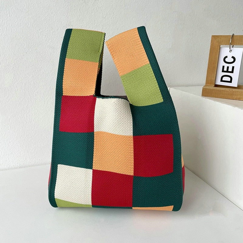 Knit Handbag Women Wrist Bag Korean Casual Wide Stripe Plaid Tote Bag Foldable Eco Shopping Bag Reusable Grocery Storage Bag