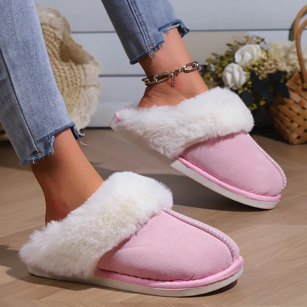 Winter Women Slippers Soft Sole Faux Home Winter Indoor Shoes Winter Warm Plush Home Cotton Fluffy Slippers Warm Home Slippers