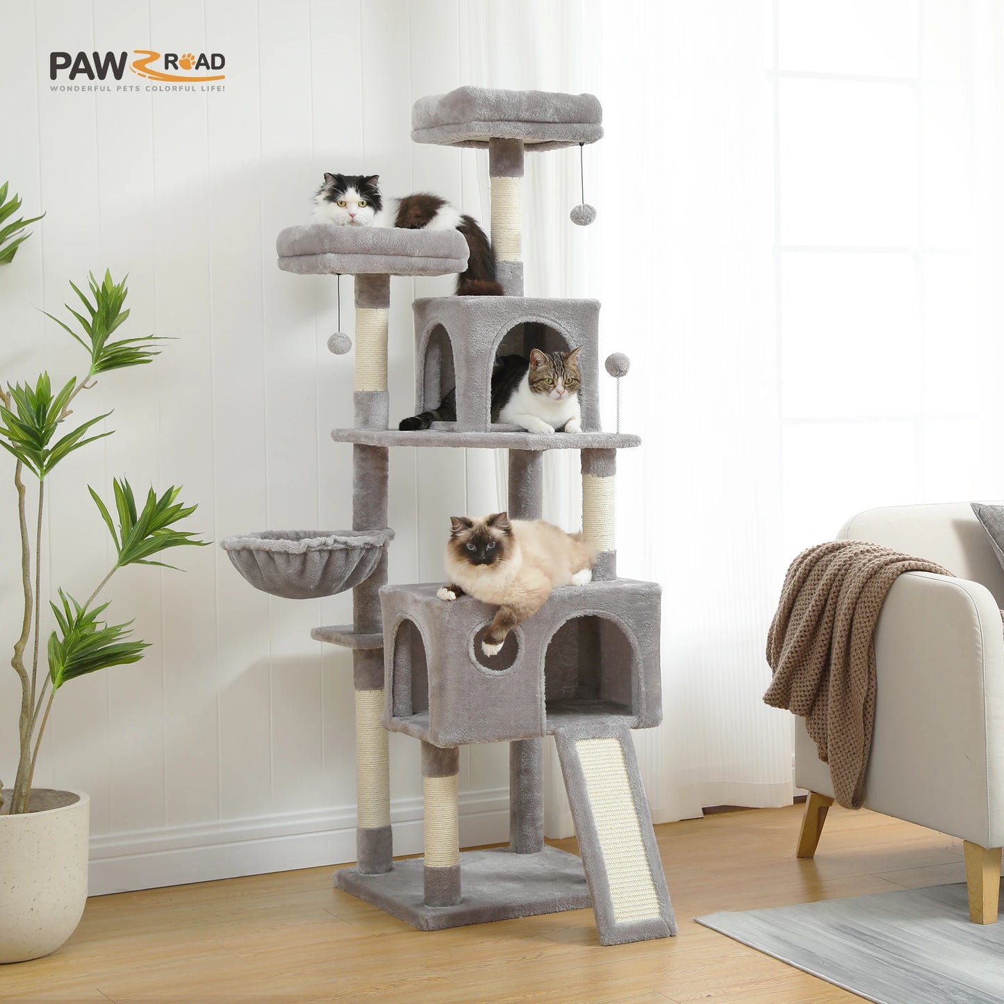 Free Shipping Multi-Level Cat Tree For Cats With Cozy Perches Stable Cat Climbing Frame Cat Scratch Board Toys Gray&Beige