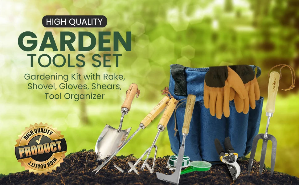Garden Tools Set – Premium Stainless Steel Gardening Hand Tools with Solid Beechwood Handle – Gardening Kit with Rake, Shovel