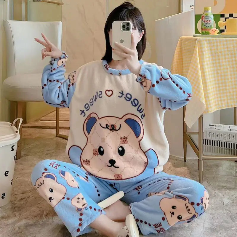Hot Kawaii Hello Kitty Coral Velvet Pajamas Long-Sleeved Y2K Sanrio Tops Girls Pajama Pants Cute Cotton Jacket Casual Home Wear