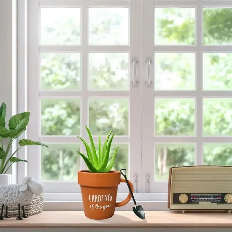 1set Gardener Coffee Cup Gift Funny Plant Pot Mug with Shovel Spoon Cool Coffee Mug for Men Women Mug for Gardener Birthday Gift