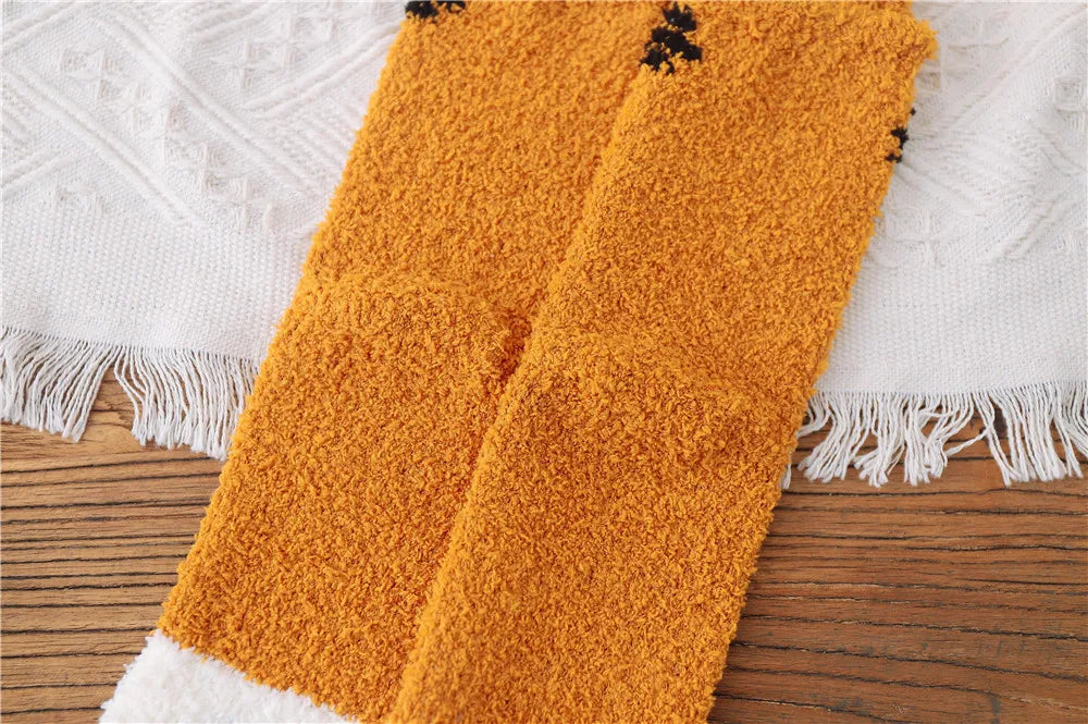 5 Pairs New Three-dimensional Ear Embroidery Cat Claw Coral Fleece Socks Cartoon Cat Confinement Warm Women Sleeping Socks
