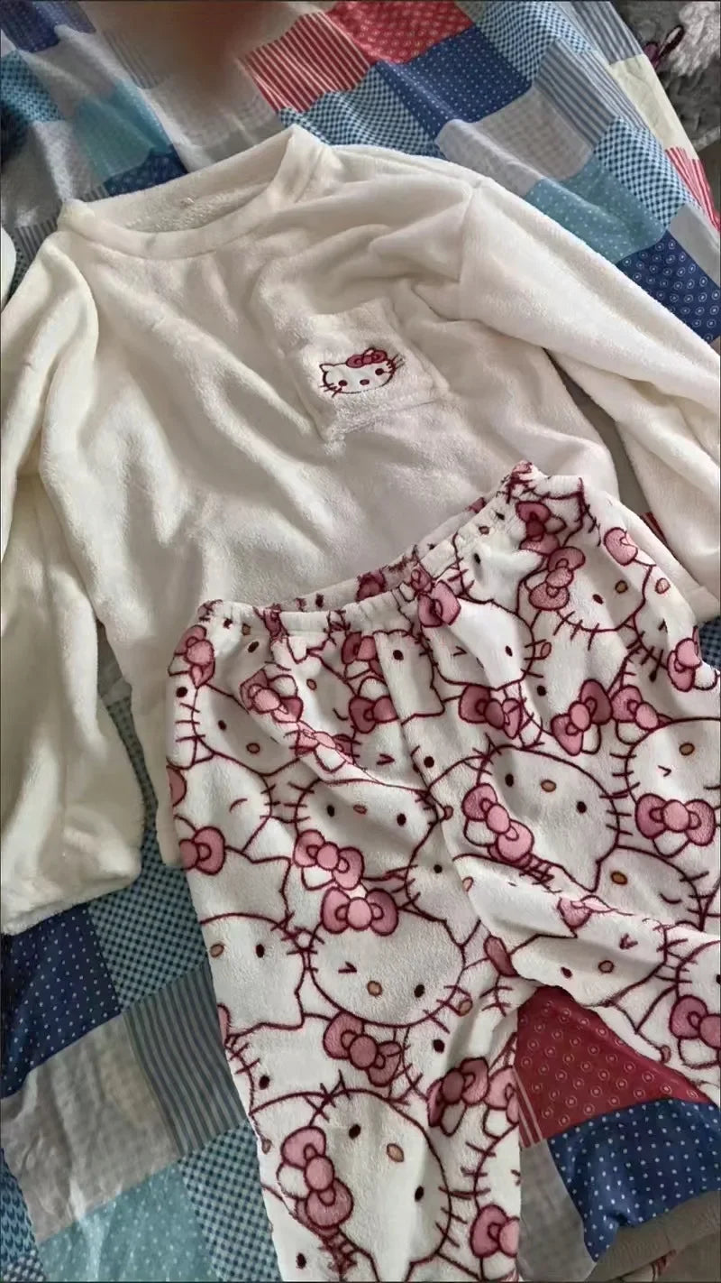 hot Sanrio Cartoon Japanese Hello Kitty Stuff Pajamas Female Flannel Winter The New Plus Thicken Velvet Sweet Keep Warm Pajamas