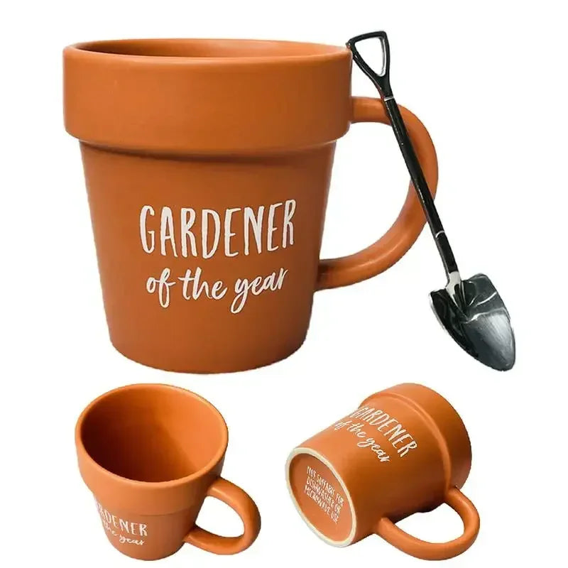 1set Gardener Coffee Cup Gift Funny Plant Pot Mug with Shovel Spoon Cool Coffee Mug for Men Women Mug for Gardener Birthday Gift