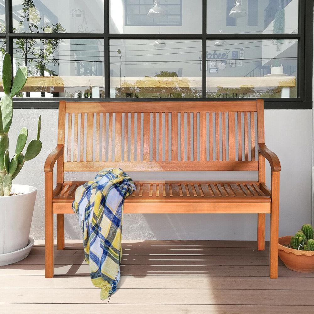 50" Two Person Outdoor Garden Bench Loveseat Porch Chair Solid Wood W/Armrest HW63888