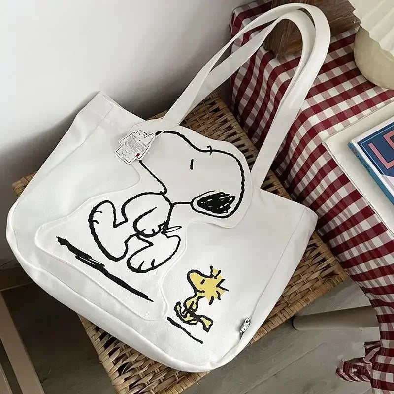Miniso Snoopy anime kawaii y2k canvas bag shoulder cartoon cute zipper large capacity female student tutoring bag birthday gift