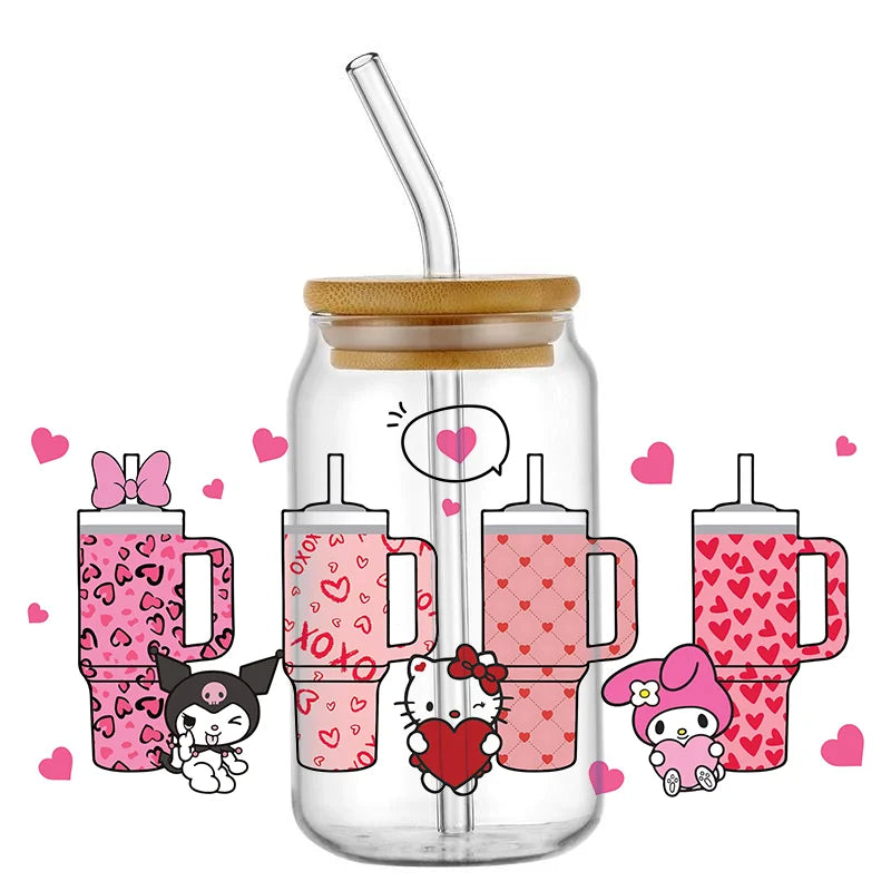 Miniso Cartoon cute cat For Libbey 16oz Can Glass 3D Waterproof UV DTF Coffee Can Wrap Libbey Glass Wrap