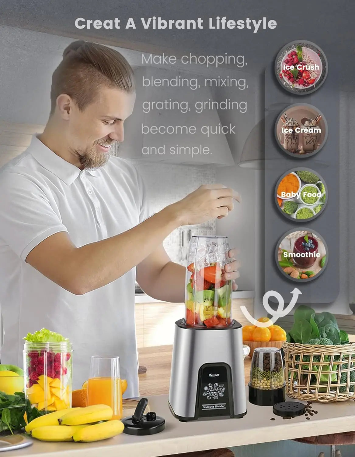 Personal Blender 1000W Smoothie Blender for Shakes and Smoothies, for Kitchen, 2*23oz+10oz Blender Cups