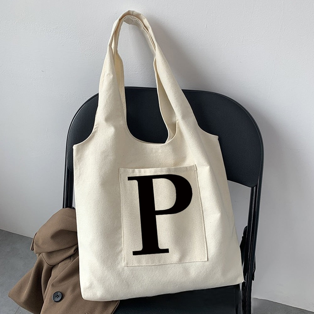 Women Fashion Shopping Bag Street Casual Hobo Commuter Bag Initial Name Graphic Print Beige Ladies Tote Bag Canvas Repeatable