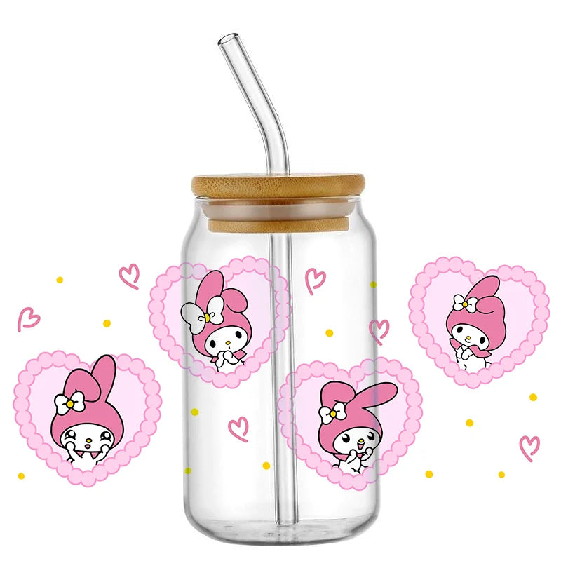 Miniso Cartoon cute cat For Libbey 16oz Can Glass 3D Waterproof UV DTF Coffee Can Wrap Libbey Glass Wrap