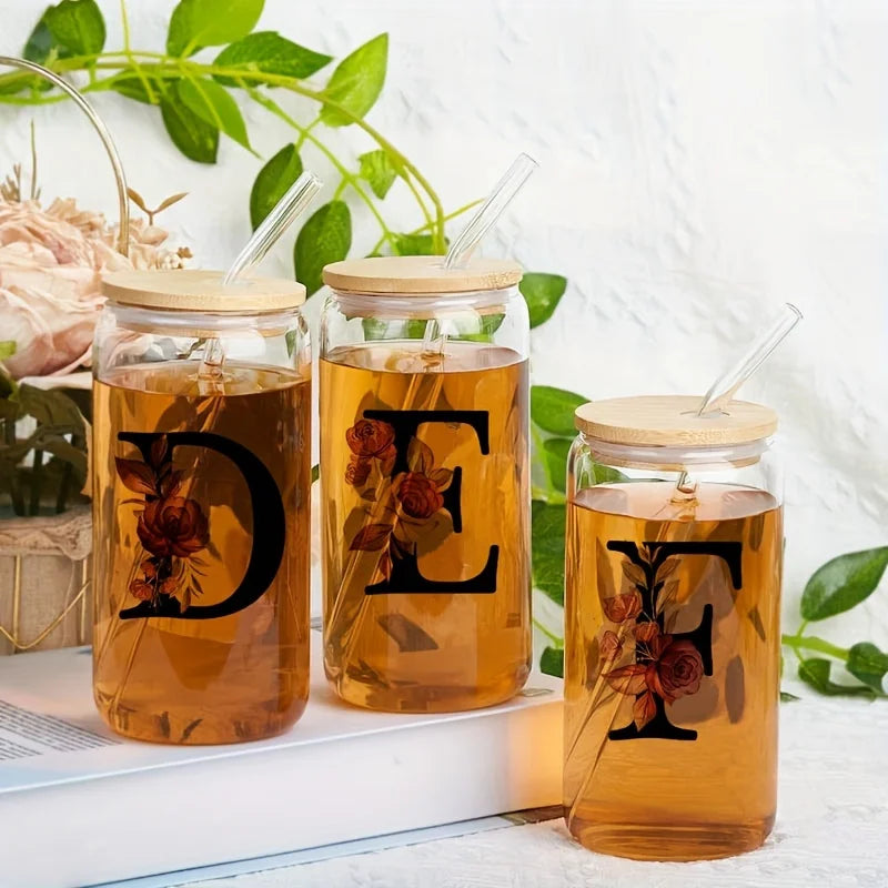 Alphabet Flowers Drinking Glass Letter A-Z Iced Coffee Water Juice Bottle Portable Clear Cup with Lid Straw Brush Birthday Gifts