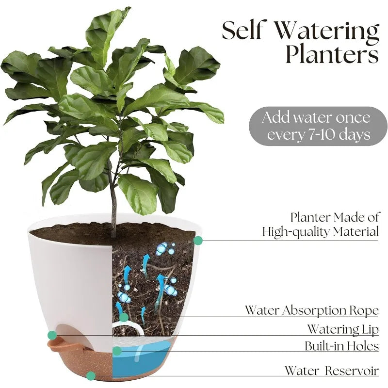 Plant Pots 12/10/9 inch Set of 3, Self Watering Flower Pots Indoor Outdoor, Planters with Drainage Hole Saucer Reservoir, White