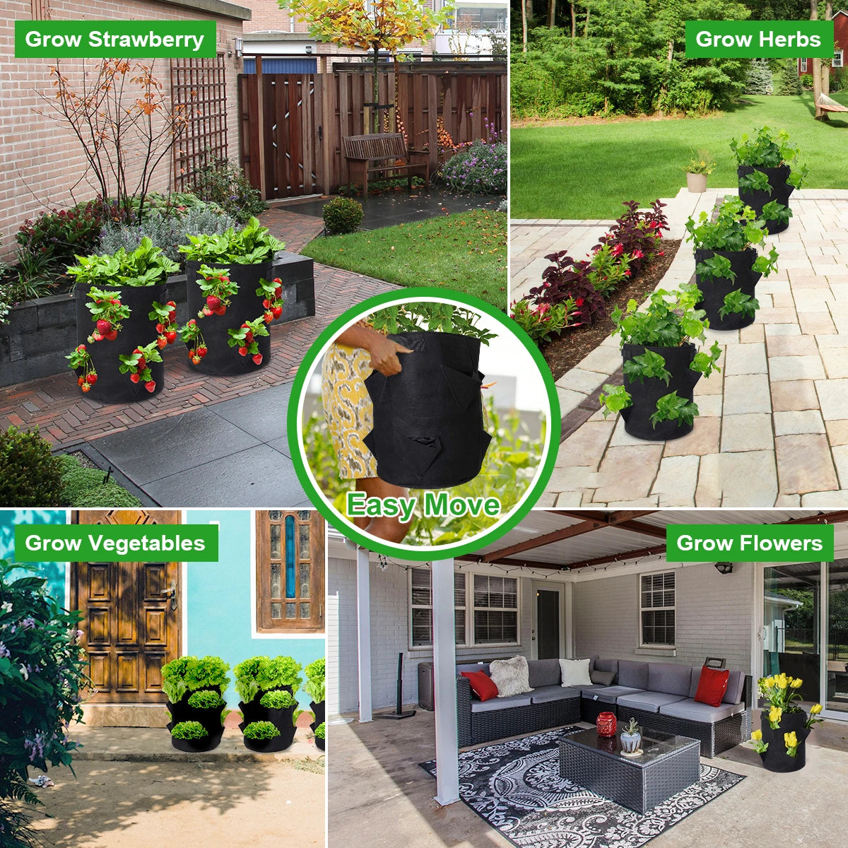 Upgrade Strawberry Grow Bags, 2/4/6 Pack 10 Gallon Planter with 8 Side Grow Pockets Breathable Growing Bag for Strawberries Grow