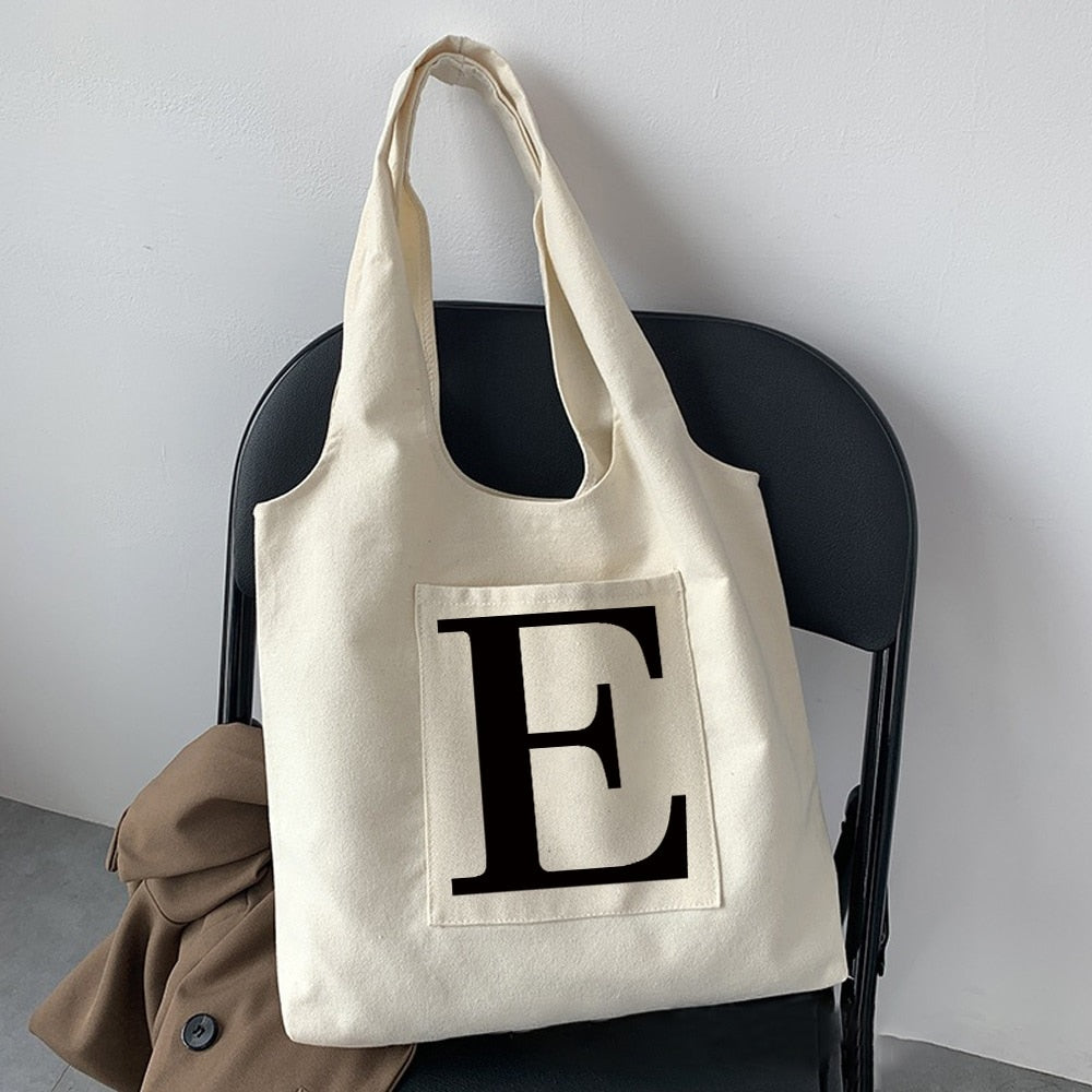 Women Fashion Shopping Bag Street Casual Hobo Commuter Bag Initial Name Graphic Print Beige Ladies Tote Bag Canvas Repeatable