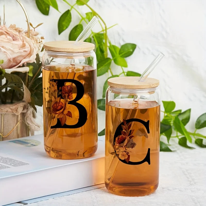 Alphabet Flowers Drinking Glass Letter A-Z Iced Coffee Water Juice Bottle Portable Clear Cup with Lid Straw Brush Birthday Gifts