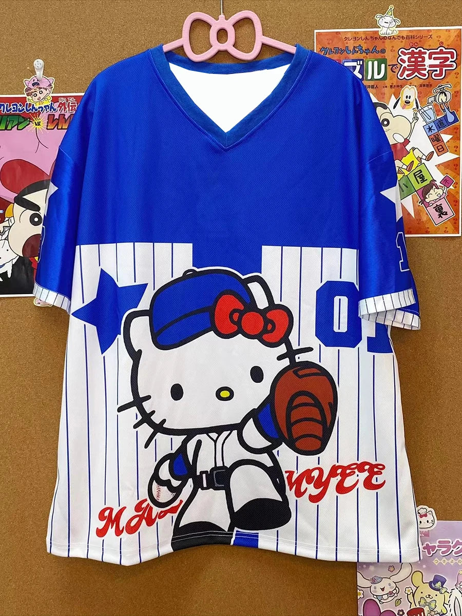2025 MINISO New Sanrio Hello Kitty Sportswear Men And Women V-Neck Casual Lightweight Breathable Fashion Short Sleeved T-Shirt