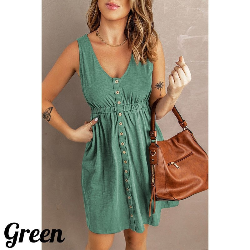 Womens Summer Sleeveless Dress Button Down Elastic Waist Swing Loose Plain Short Dresses Casual Tank Tops Dresses Plus Size