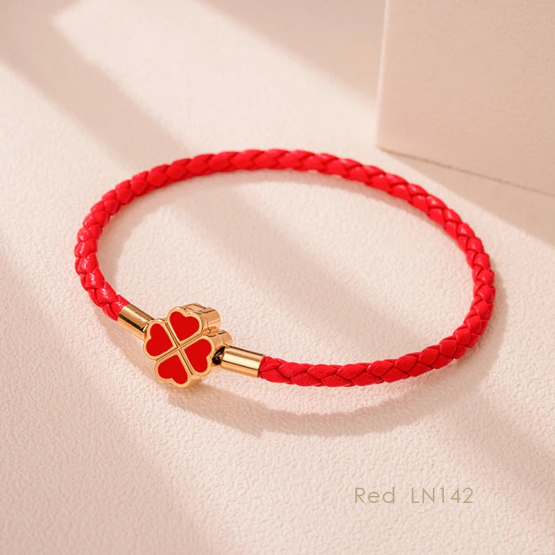 Green Four-Leaf Clover Lucky Bracelet For Women Genuine Braided Leather Bracelet 9 Colors Birthday Party Jewelry ChiristmasGifts