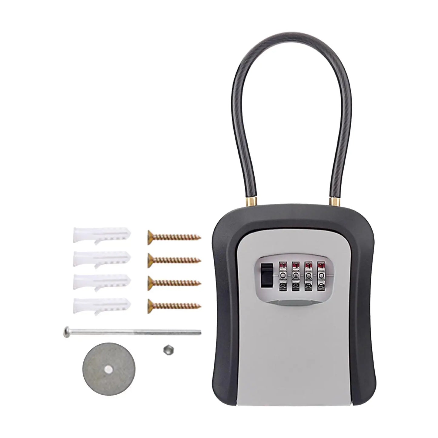 Box Key Security Box with 4 Digit Combination Steel Cable Shackle Weatherproof Portable for Door Knob or Car