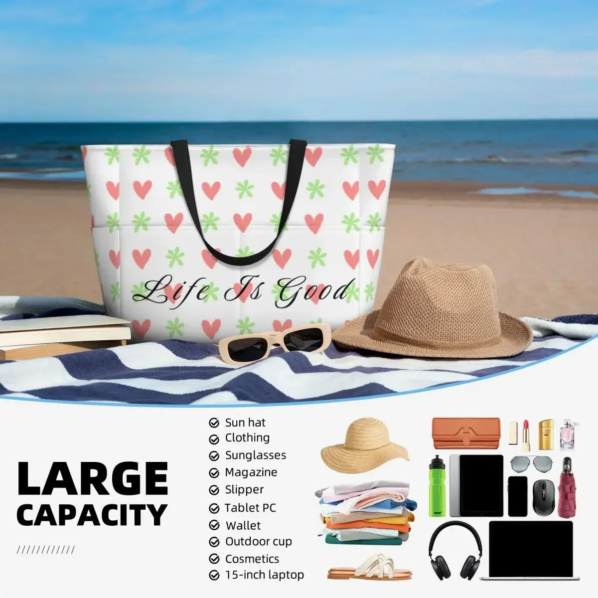 Love Life Large travel bagWaterproof Tote Beach Bag Capacity Travel Shopping bags