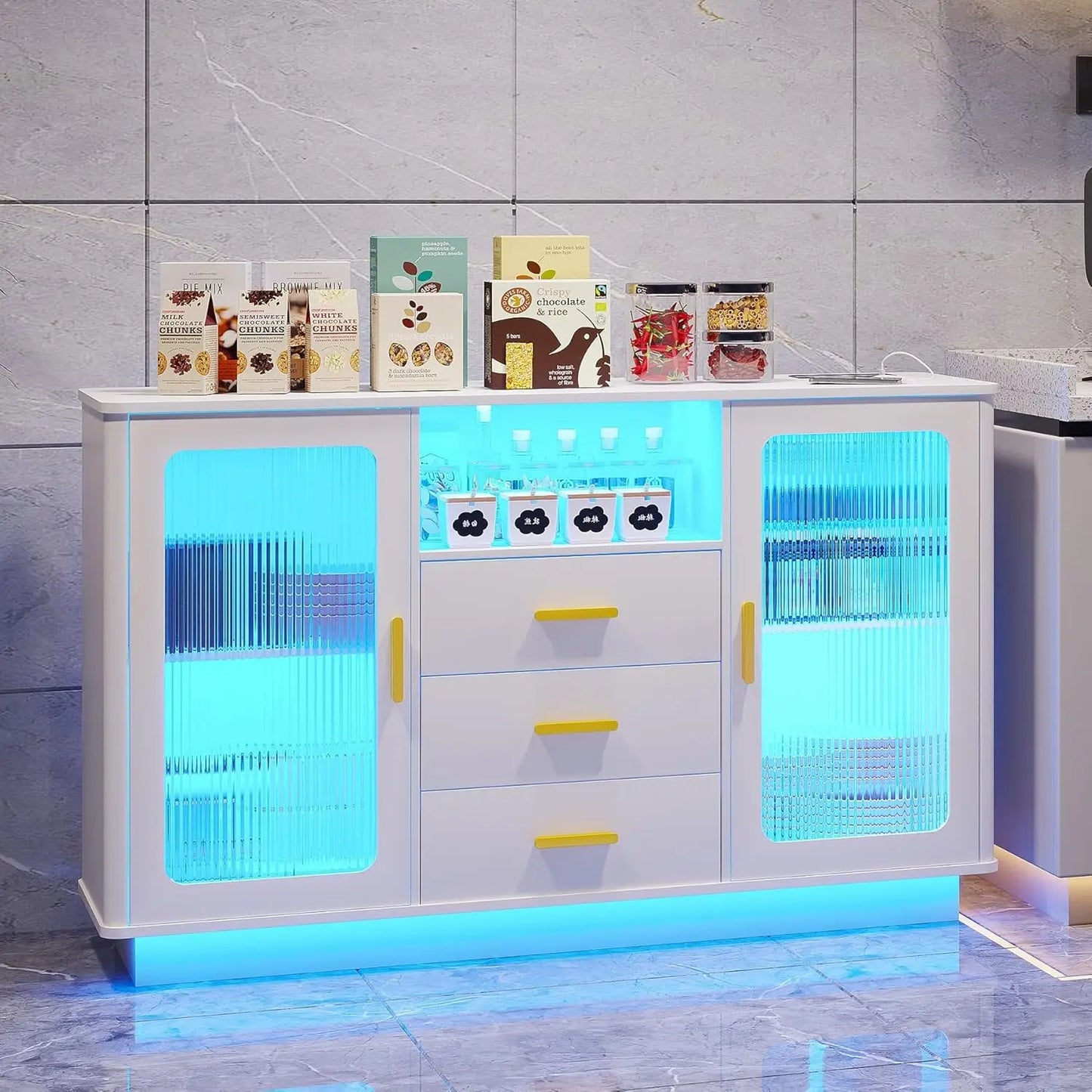 Modern Coffee Station with Motion Sensor, Home Coffee Nook Table for Dining Room, Kitchen Buffer Sideboard with Storage Cabinet