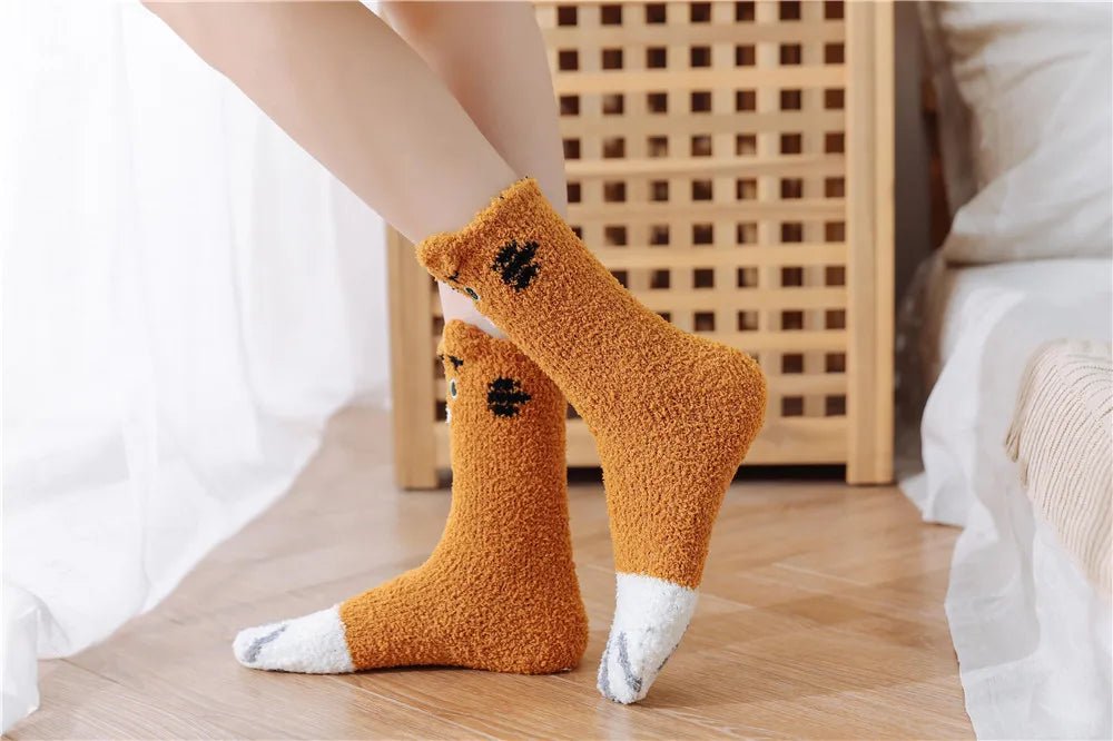 5 Pairs New Three-dimensional Ear Embroidery Cat Claw Coral Fleece Socks Cartoon Cat Confinement Warm Women Sleeping Socks
