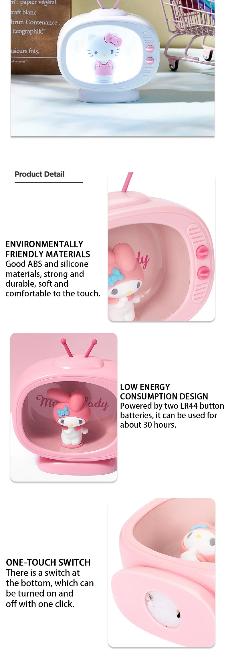 MINISO Sanrio Mini TV Nightlight Hello Kitty Sleep Light Kawaii Sleep Light Desktop TV Model Decoration Anime Collectible Dolls