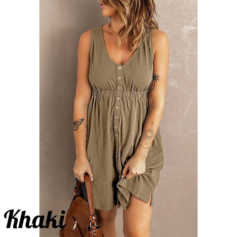 Womens Summer Sleeveless Dress Button Down Elastic Waist Swing Loose Plain Short Dresses Casual Tank Tops Dresses Plus Size