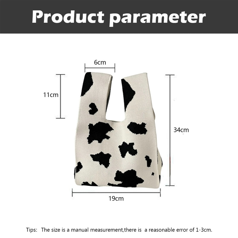 Knit Handbag Women Wrist Bag Korean Casual Wide Stripe Plaid Tote Bag Foldable Eco Shopping Bag Reusable Grocery Storage Bag
