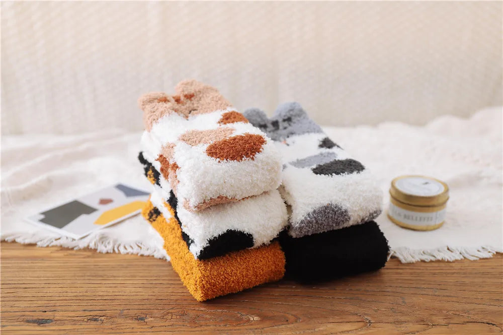 5 Pairs New Three-dimensional Ear Embroidery Cat Claw Coral Fleece Socks Cartoon Cat Confinement Warm Women Sleeping Socks