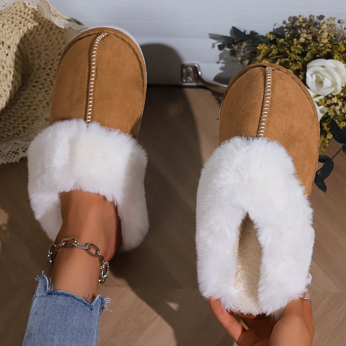 Winter Women Slippers Soft Sole Faux Home Winter Indoor Shoes Winter Warm Plush Home Cotton Fluffy Slippers Warm Home Slippers