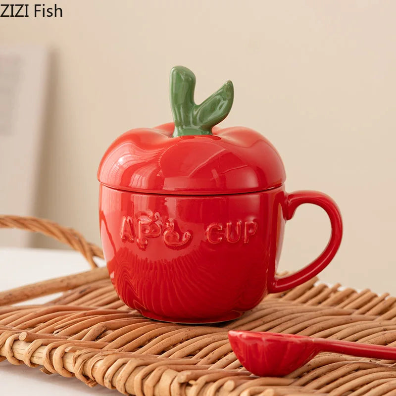 Ceramic Mug Cartoon Apple Fruit Shape Cover Band Tomato Coffee Cup Children's Breakfast Milk Mug Festivals Birthday Present