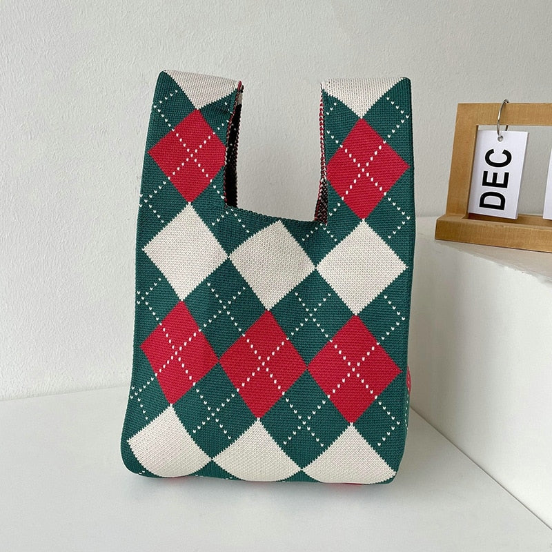 Knit Handbag Women Wrist Bag Korean Casual Wide Stripe Plaid Tote Bag Foldable Eco Shopping Bag Reusable Grocery Storage Bag