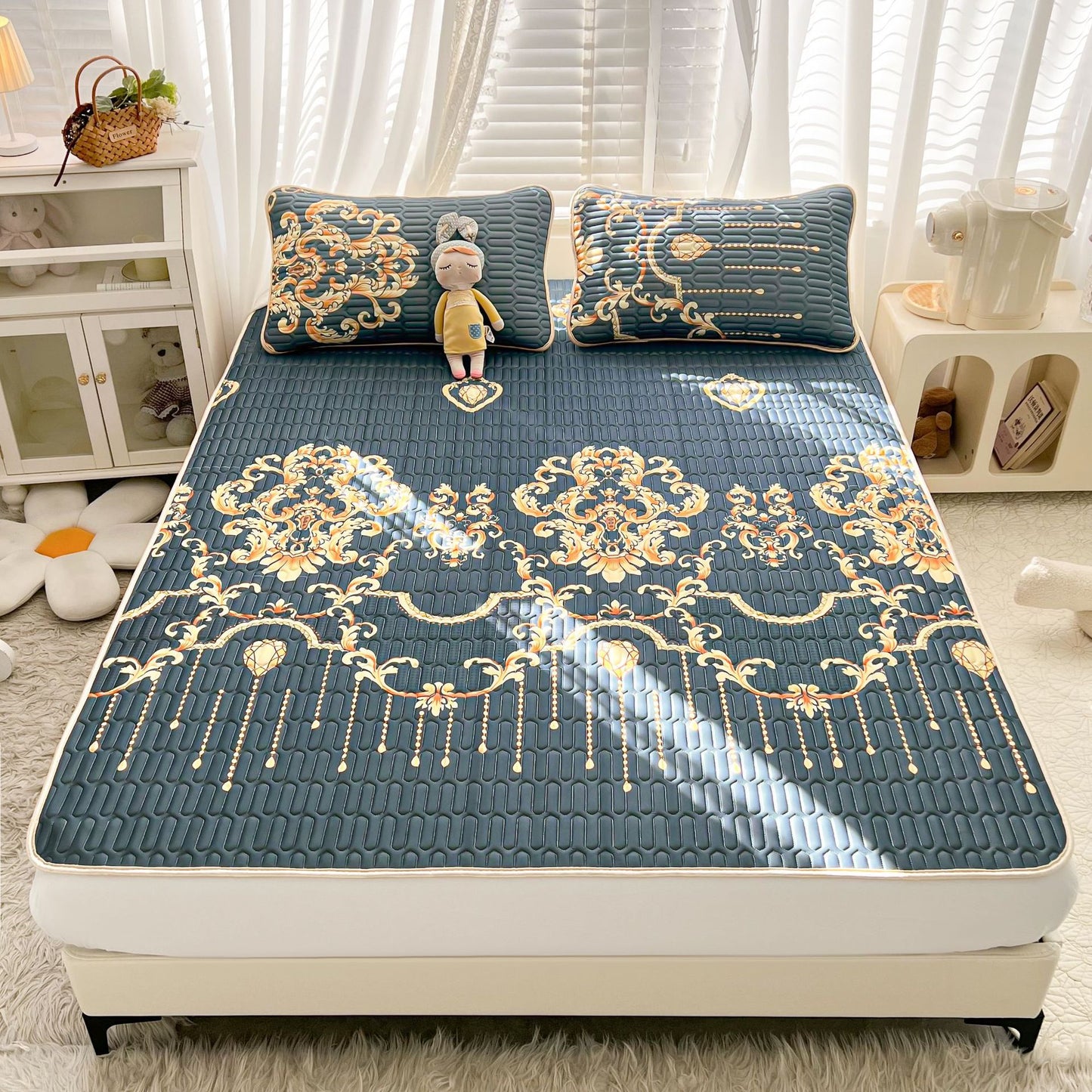 Flowers Latex Summer Mat Kit Cooling Feel Bed Pad and Pillowcase Cold Sleeping Bed Mat for Summer Breathable Folding Cool Mat
