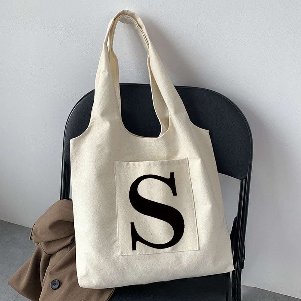 Women Fashion Shopping Bag Street Casual Hobo Commuter Bag Initial Name Graphic Print Beige Ladies Tote Bag Canvas Repeatable