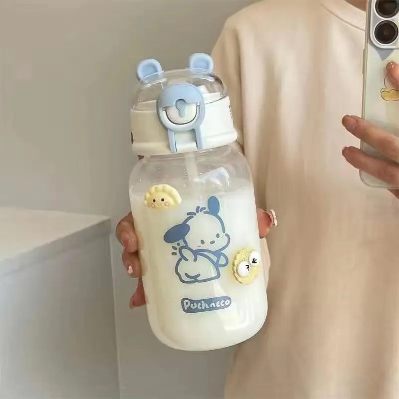 600ML Sanrio Hello Kitty Pochacco Transparent Straw Cup Anime Cartoon Kuromi Cinnamoroll For Kid Kawaii Bottle Water Cup Gifts