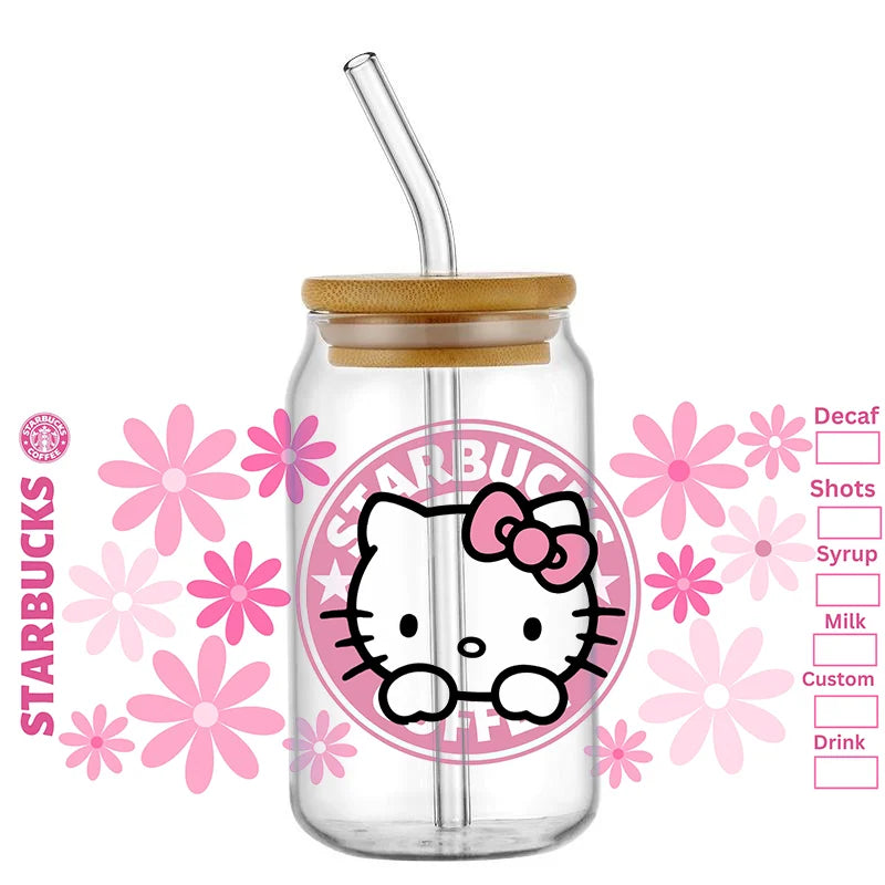 Miniso Cartoon cute cat For Libbey 16oz Can Glass 3D Waterproof UV DTF Coffee Can Wrap Libbey Glass Wrap