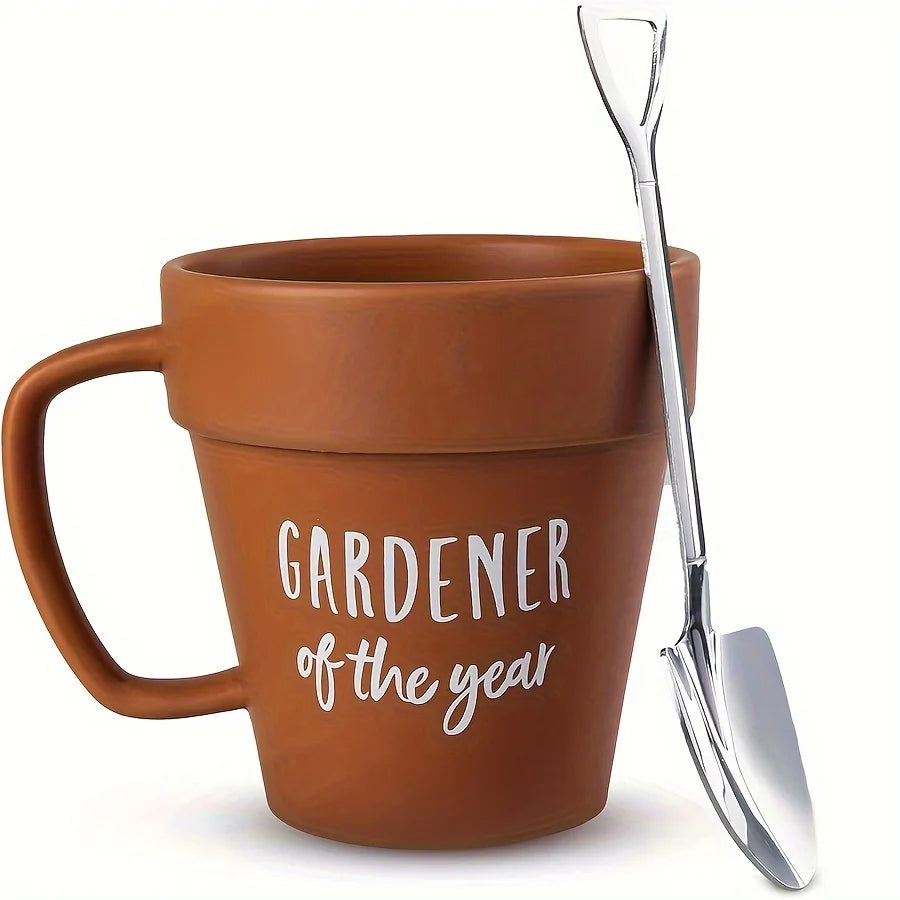 1set Gardener Coffee Cup Gift Funny Plant Pot Mug with Shovel Spoon Cool Coffee Mug for Men Women Mug for Gardener Birthday Gift