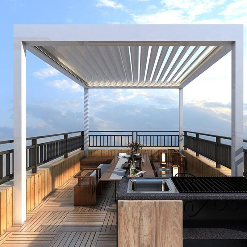 Custom Electric ALUMINIUM LOUVERED Outdoor Waterproof PERGOLA For Home Garden With LED Light Automatic Front Door Pergola