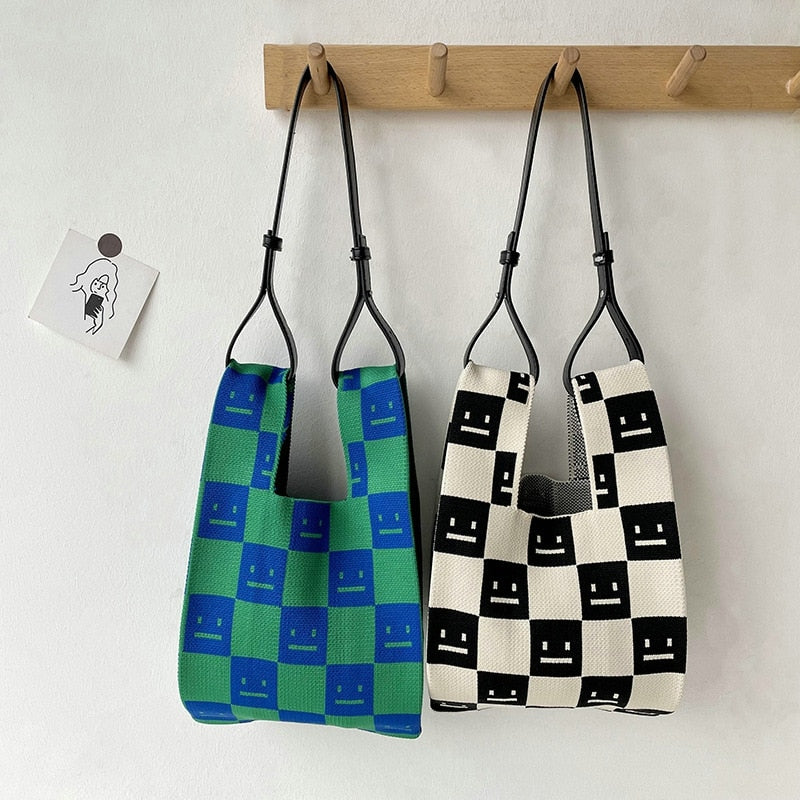 Knit Handbag Women Wrist Bag Korean Casual Wide Stripe Plaid Tote Bag Foldable Eco Shopping Bag Reusable Grocery Storage Bag