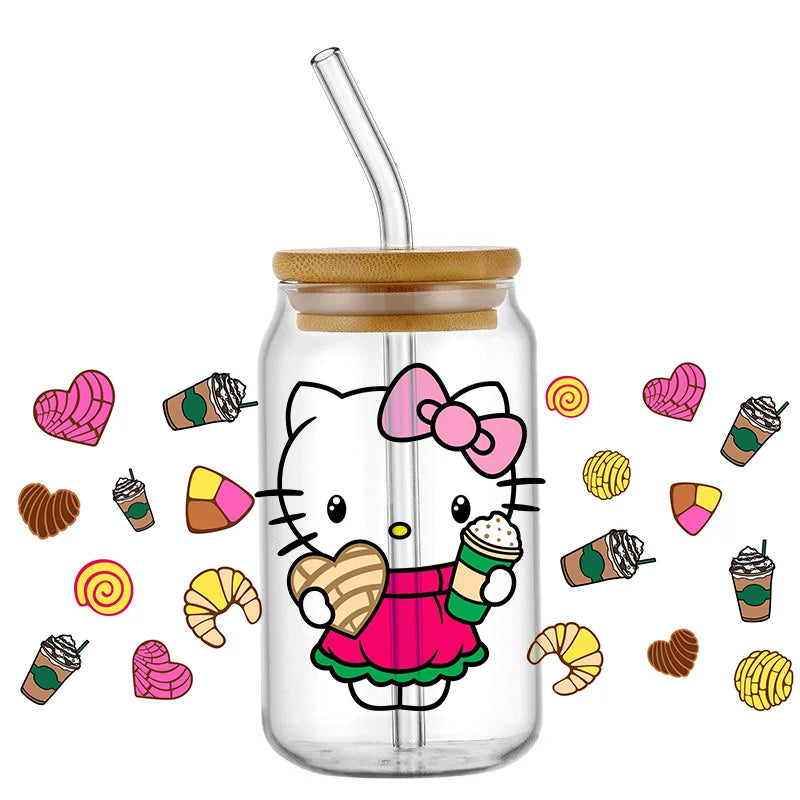 Miniso Cartoon cute cat For Libbey 16oz Can Glass 3D Waterproof UV DTF Coffee Can Wrap Libbey Glass Wrap