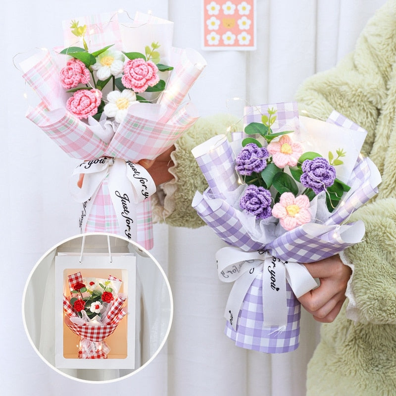 Colorful Crochet Flowers Bouquet Cotton Artificial Flowers Wedding Party Decors Ins Hand Woven Flowers Mother's Day Gift 꽃다발