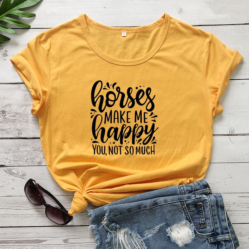 Horses Make Me Happy Printed New Arrival Women's Funny Casual 100%Cotton T-Shirt Farm Shirts Cowgirl Tees Country Shirt