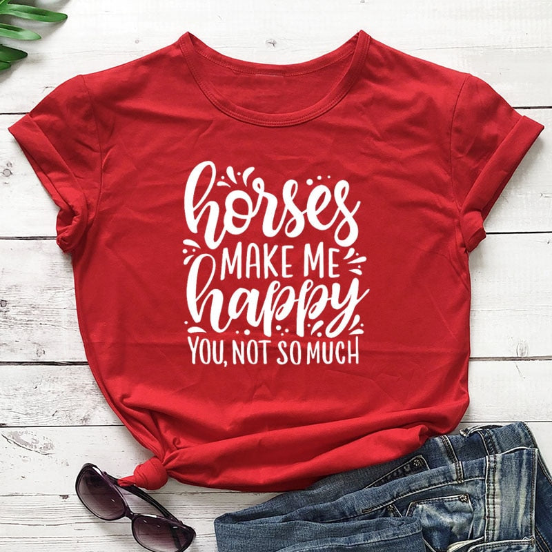 Horses Make Me Happy Printed New Arrival Women's Funny Casual 100%Cotton T-Shirt Farm Shirts Cowgirl Tees Country Shirt