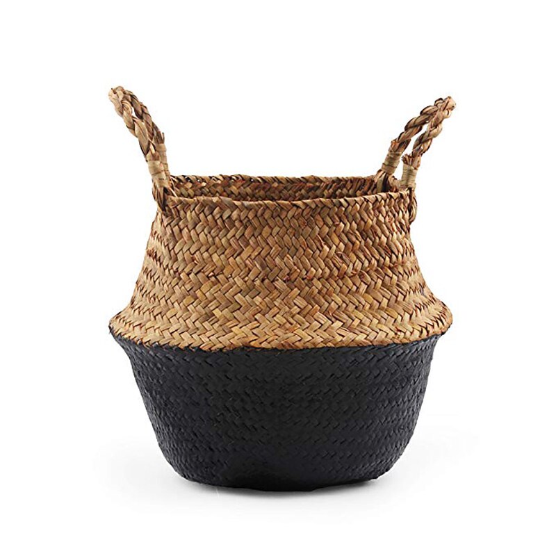 Seagrass Belly Storage Basket Handmade Straw Organizer Plant Pot Half Black Garden Flower Planter Nursery Basket