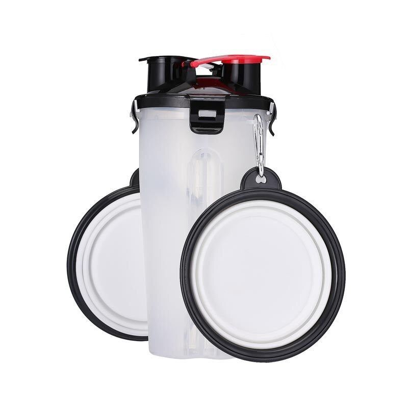 Travel Pet Feeder Dog Water Bottle Dispenser with Bowl Outdoor 2 in 1 Dog Mug Food Container for 350ml/12oz Water and 250g Snack
