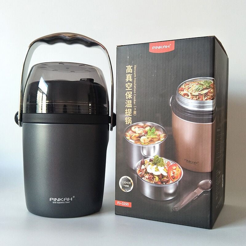 New Pinkah 1.6L Large Capacity 3-Layer Vacuum Insulated Bento Box Household Food Insulation Tank 304 Stainless Steel Lunch Box