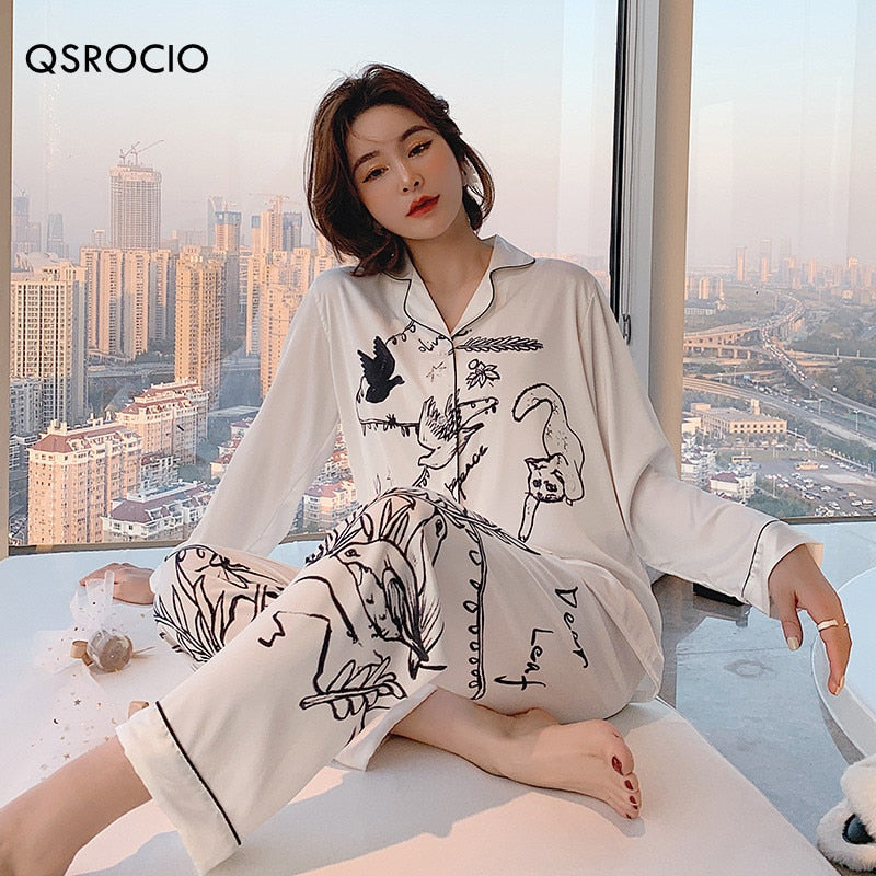 QSROCIO Women's Pajamas Set Luxury Style Fashion Natural Animal Graffiti Sleepwear Silk Like Leisure Home Clothes Nightwear
