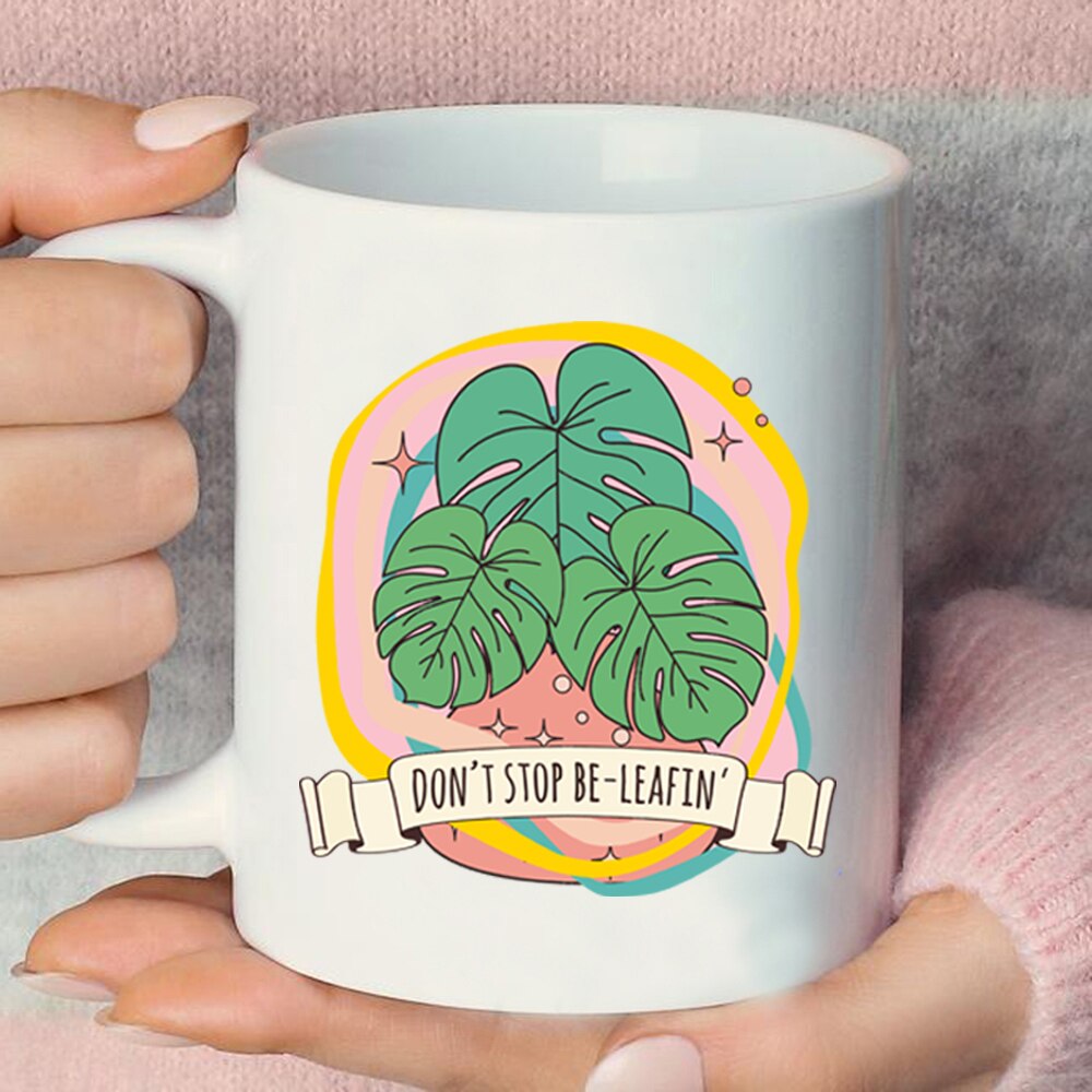 Dont Stop Beleafin Nordic Coffee Cups Monstera Deliciosa Leaf Plant Water Cup Quote Believe Juice Mug Plant Mug Colored Ceramics